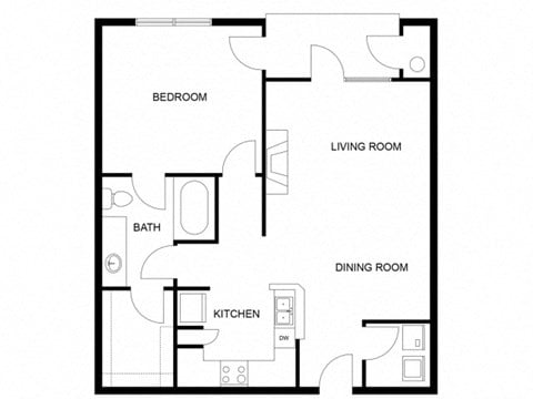 Floor plan for 1 bed, 1 bath, 803 sqft